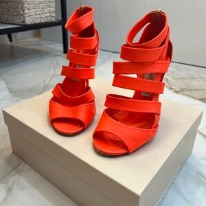 AUTH JIMMY CHOOSE Dame Caged Leather Strappy Sandals - Neon Orange Size 37 1/2